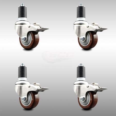 Service Caster 3.5 Inch 316SS Maroon Poly Swivel 1-5/8 Inch Stem Caster Set Lock Brake SCC SCC-SS316TTLEX20S3514-PPUB-MRN-158-4